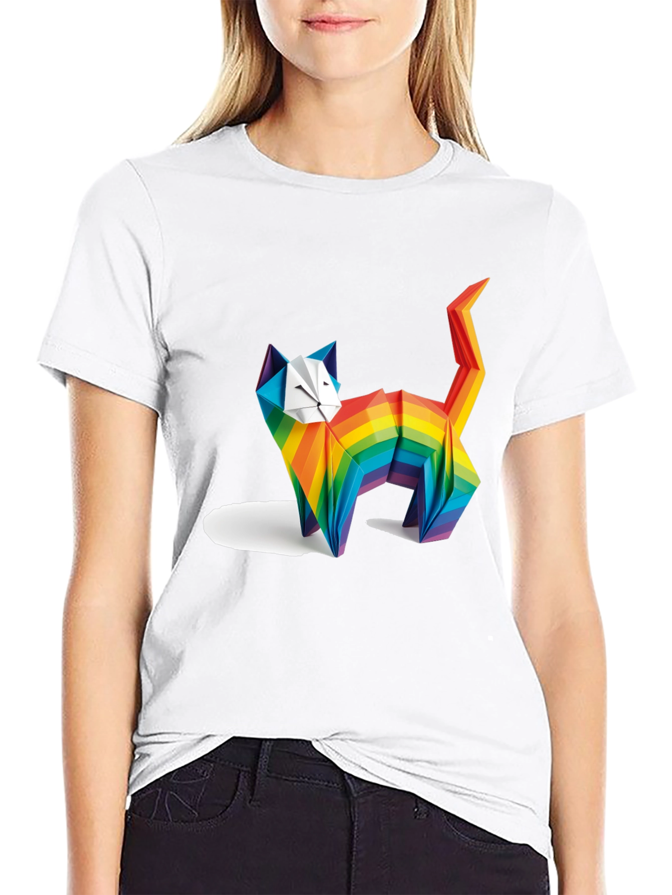 Rainbow Origami Cat Graphic T-Shirt