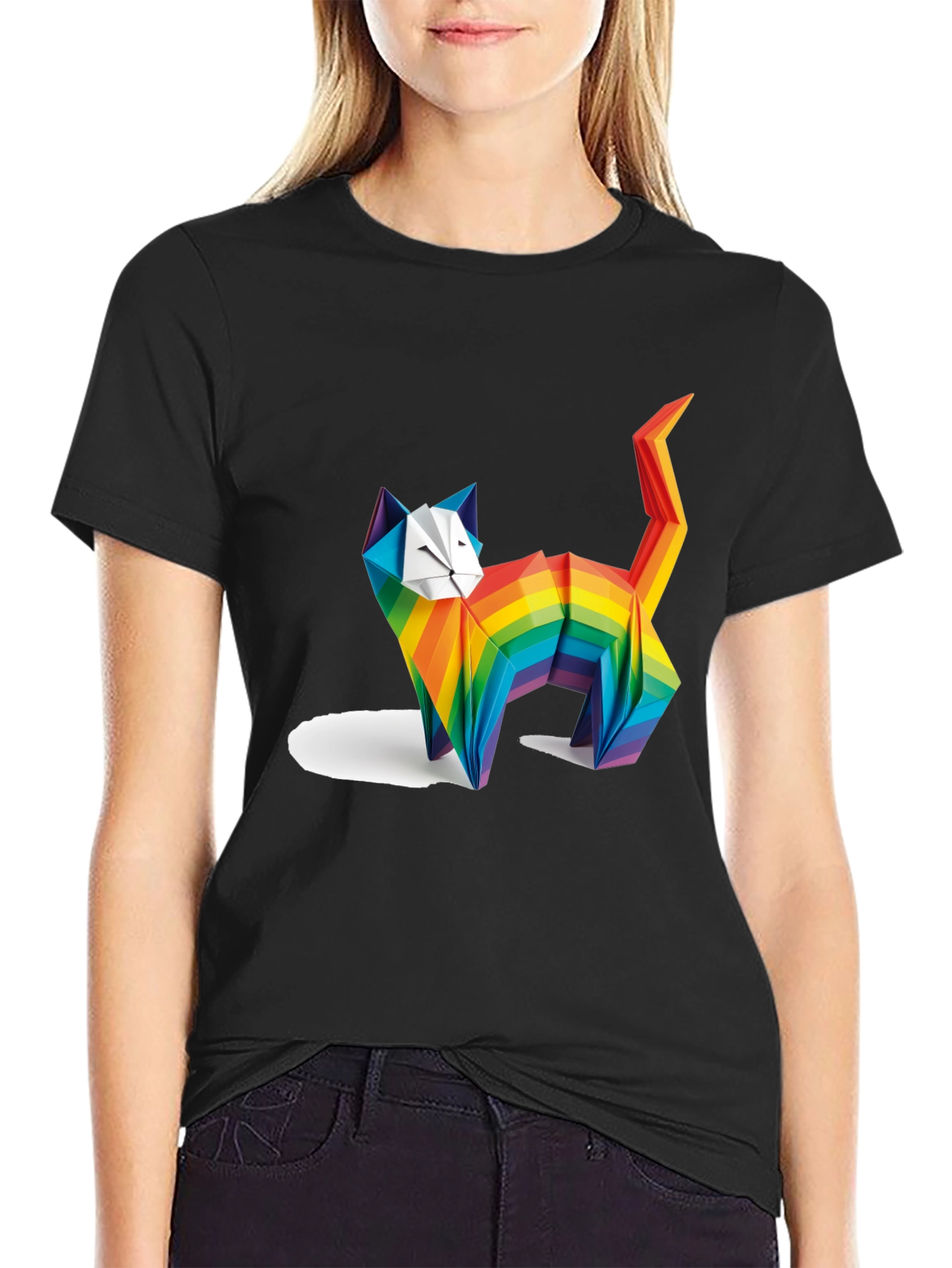 Rainbow Origami Cat Graphic T-Shirt