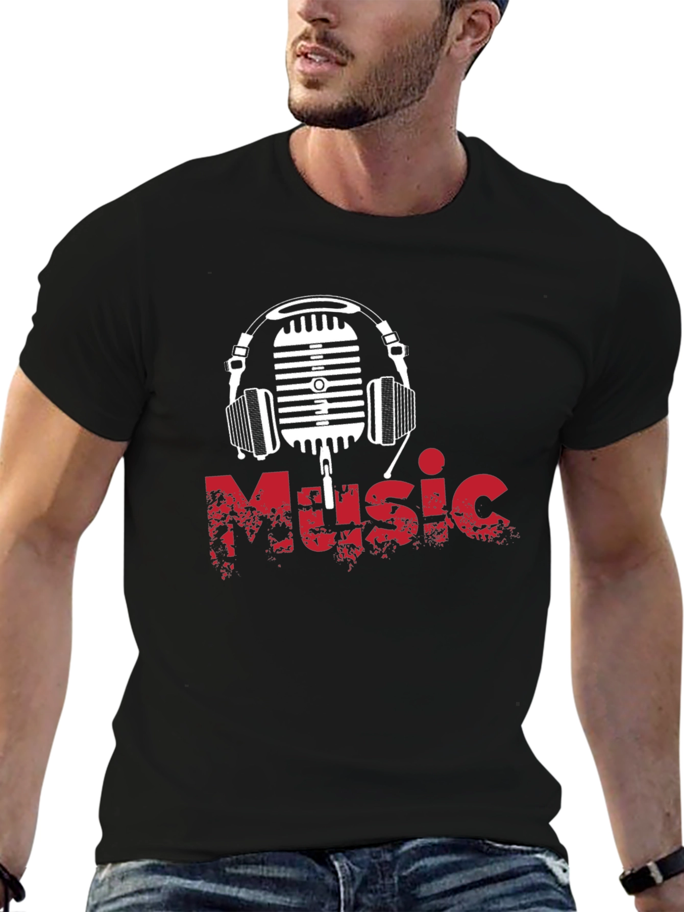 Music Graphic T-Shirt - Retro Microphone & Headphones