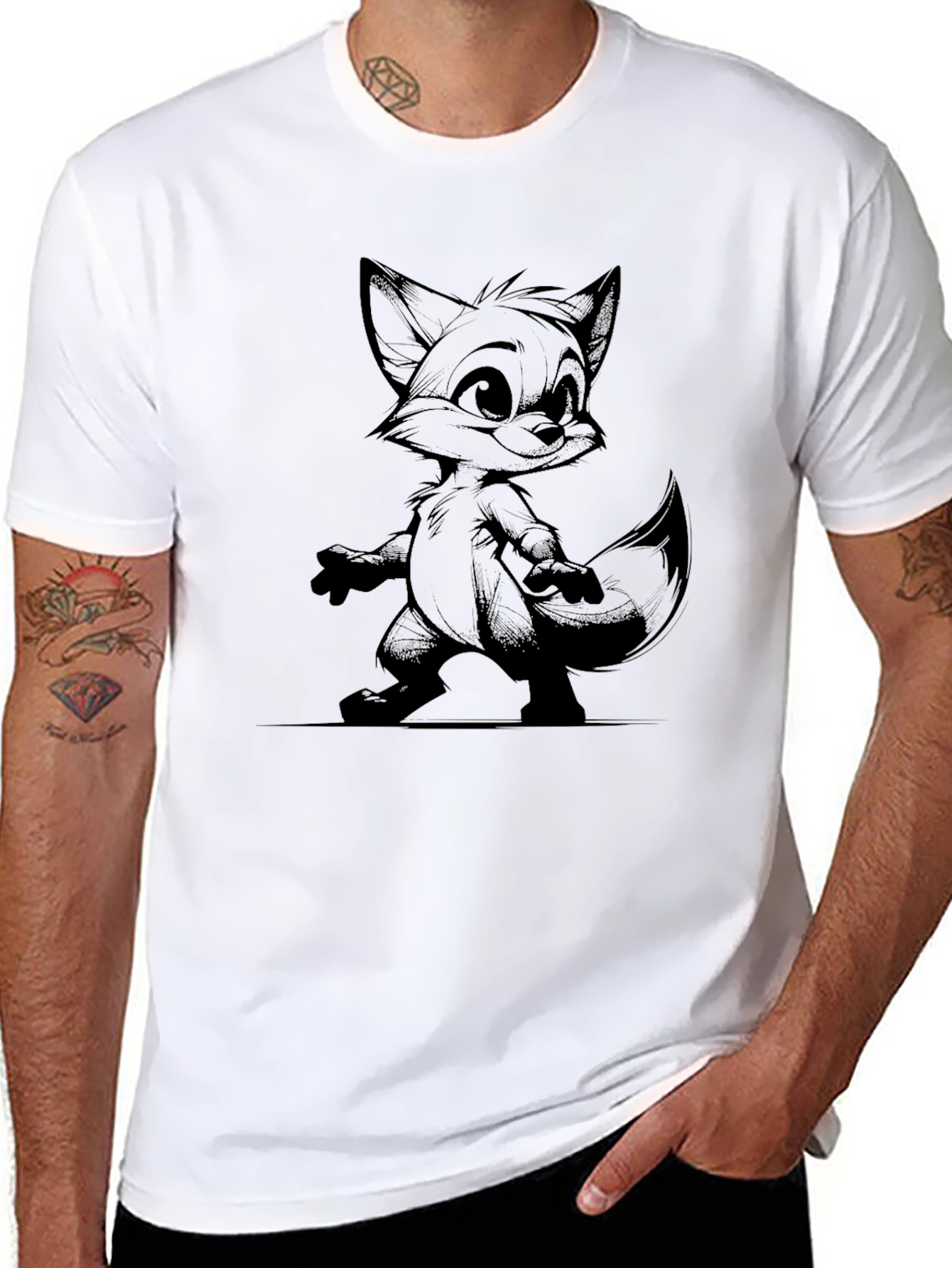 Cartoon Fox Graphic Black T-Shirt