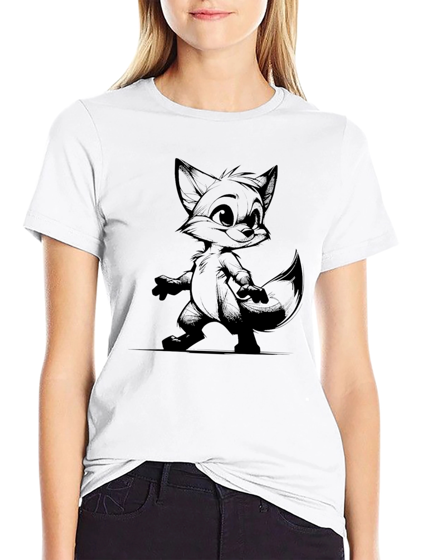 Cartoon Fox Graphic Black T-Shirt
