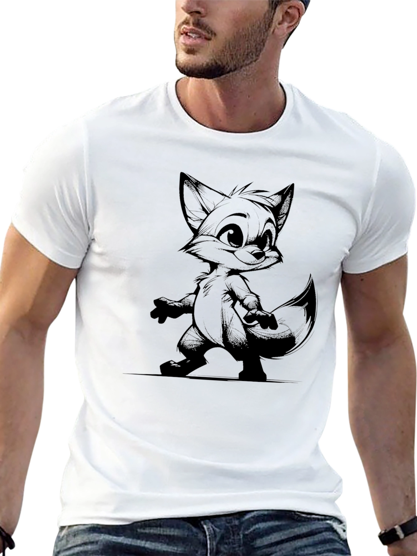 Cartoon Fox Graphic Black T-Shirt