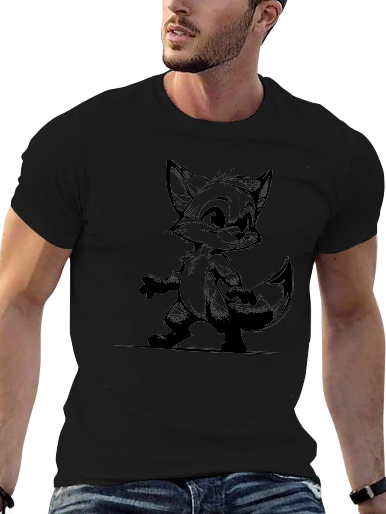 Cartoon Fox Graphic Black T-Shirt