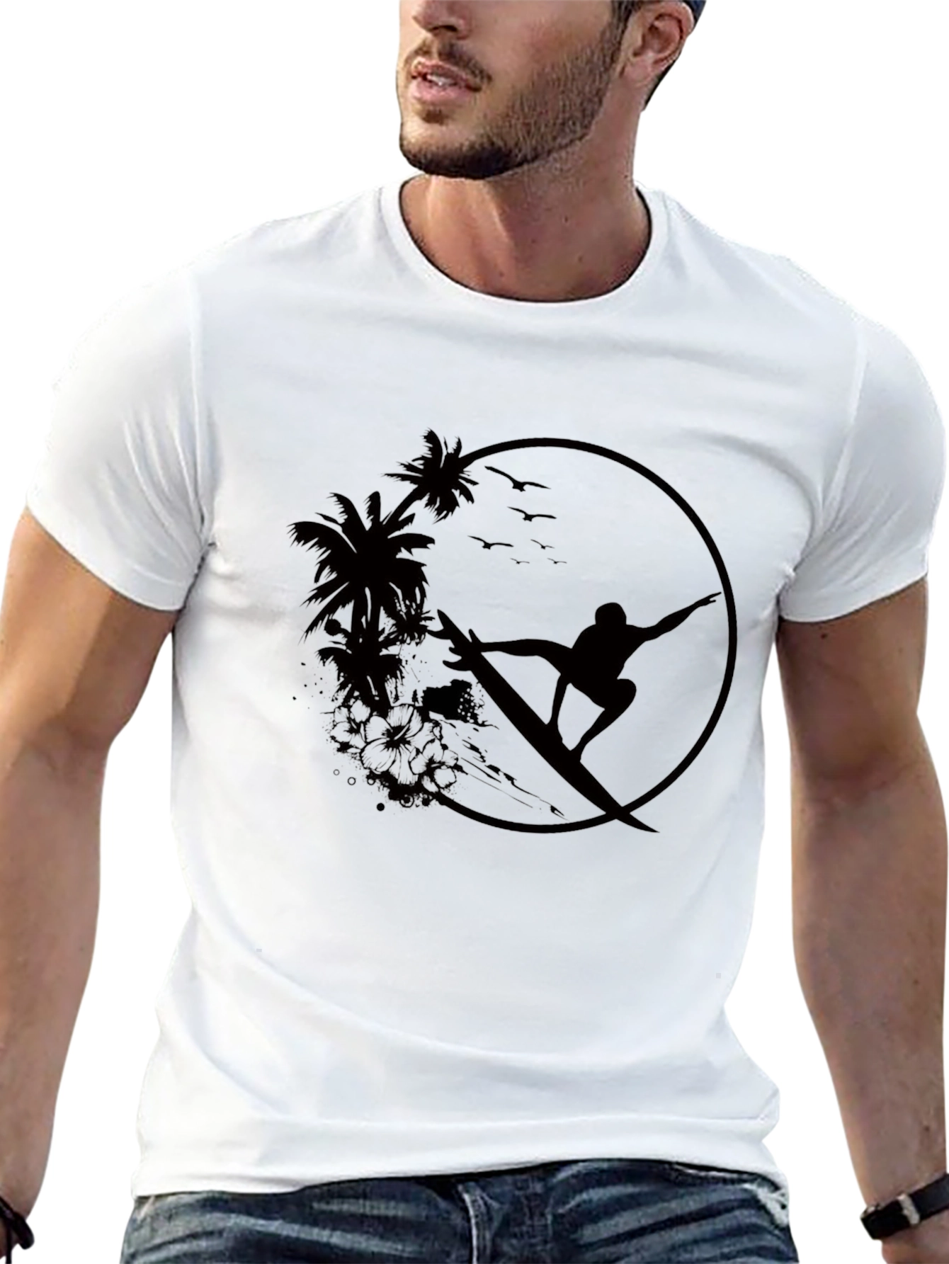 Surfer Silhouette Tee - Palm Tree Graphic