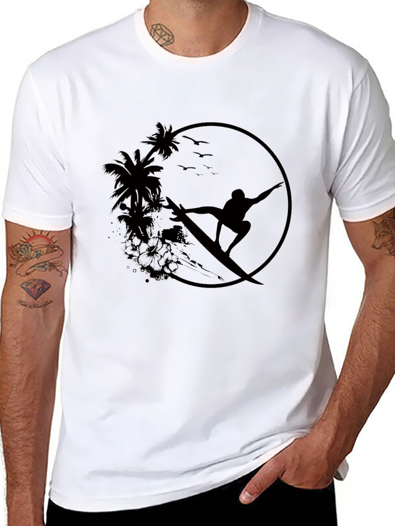 Surfer Silhouette Tee - Palm Tree Graphic