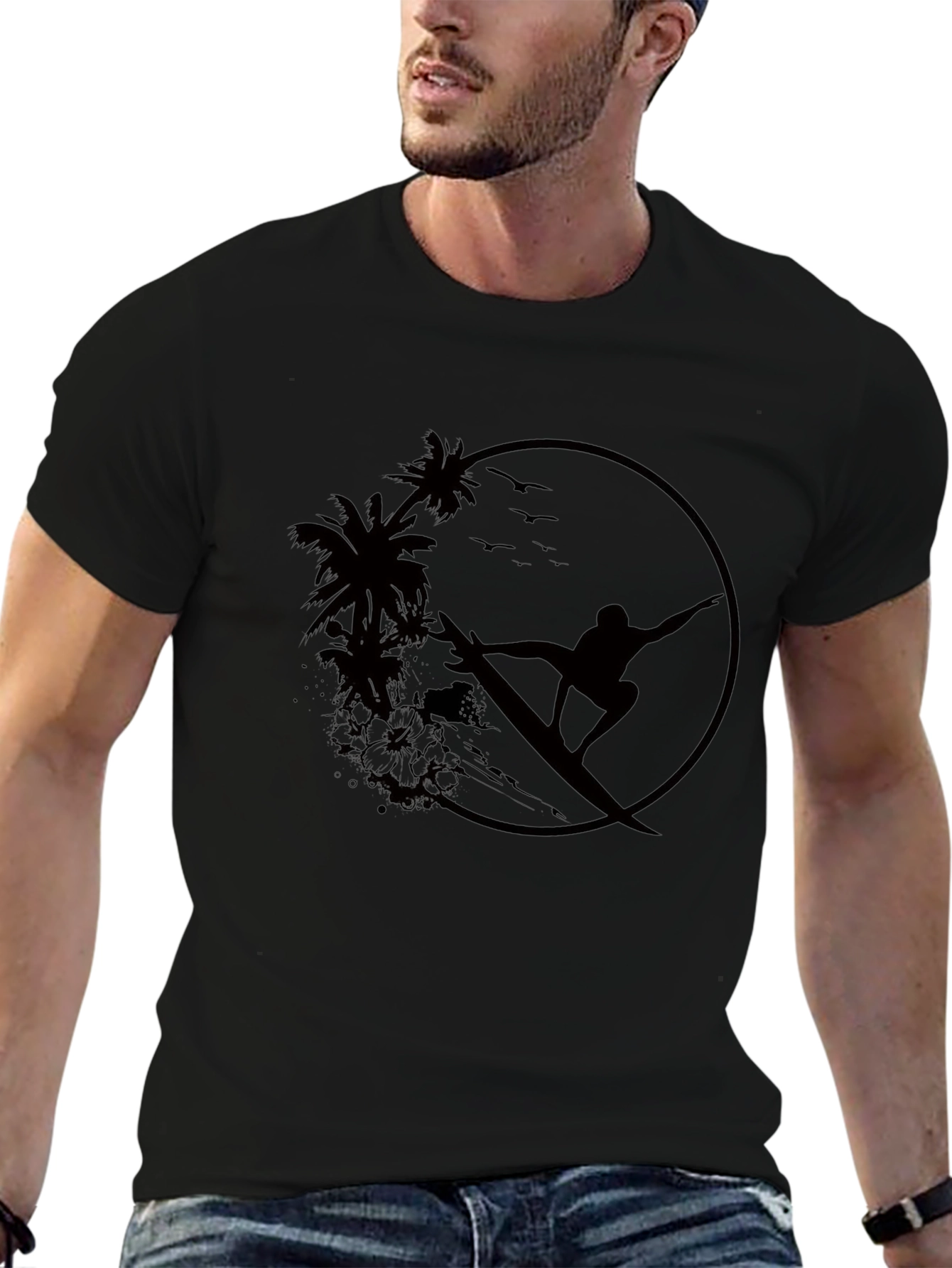 Surfer Silhouette Tee - Palm Tree Graphic