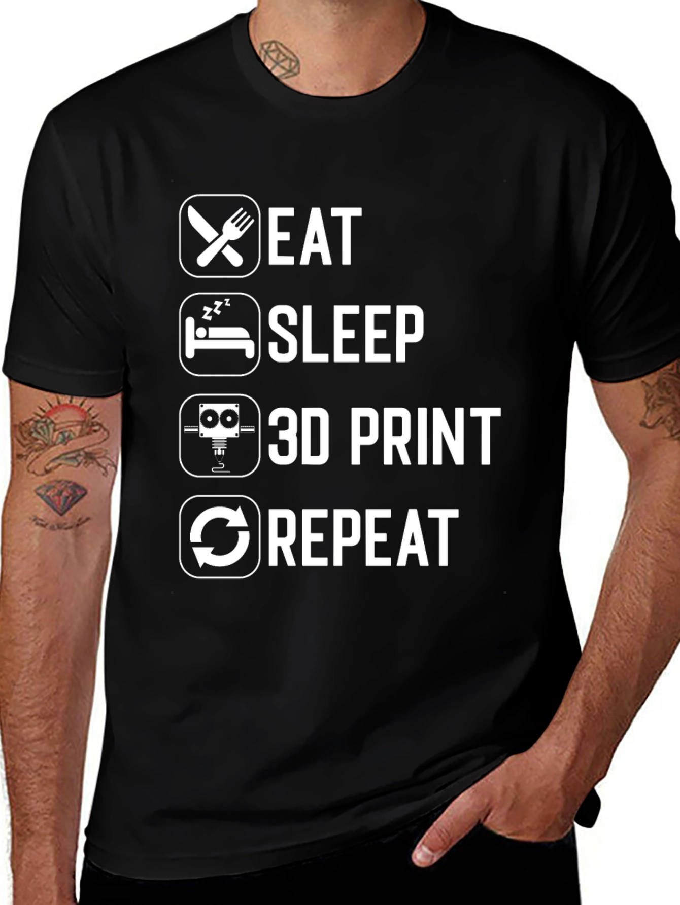Eat Sleep 3D Print Repeat Black Graphic T-Shirt