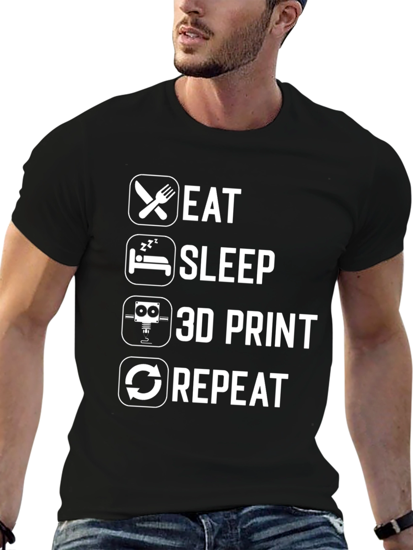 Eat Sleep 3D Print Repeat Black Graphic T-Shirt