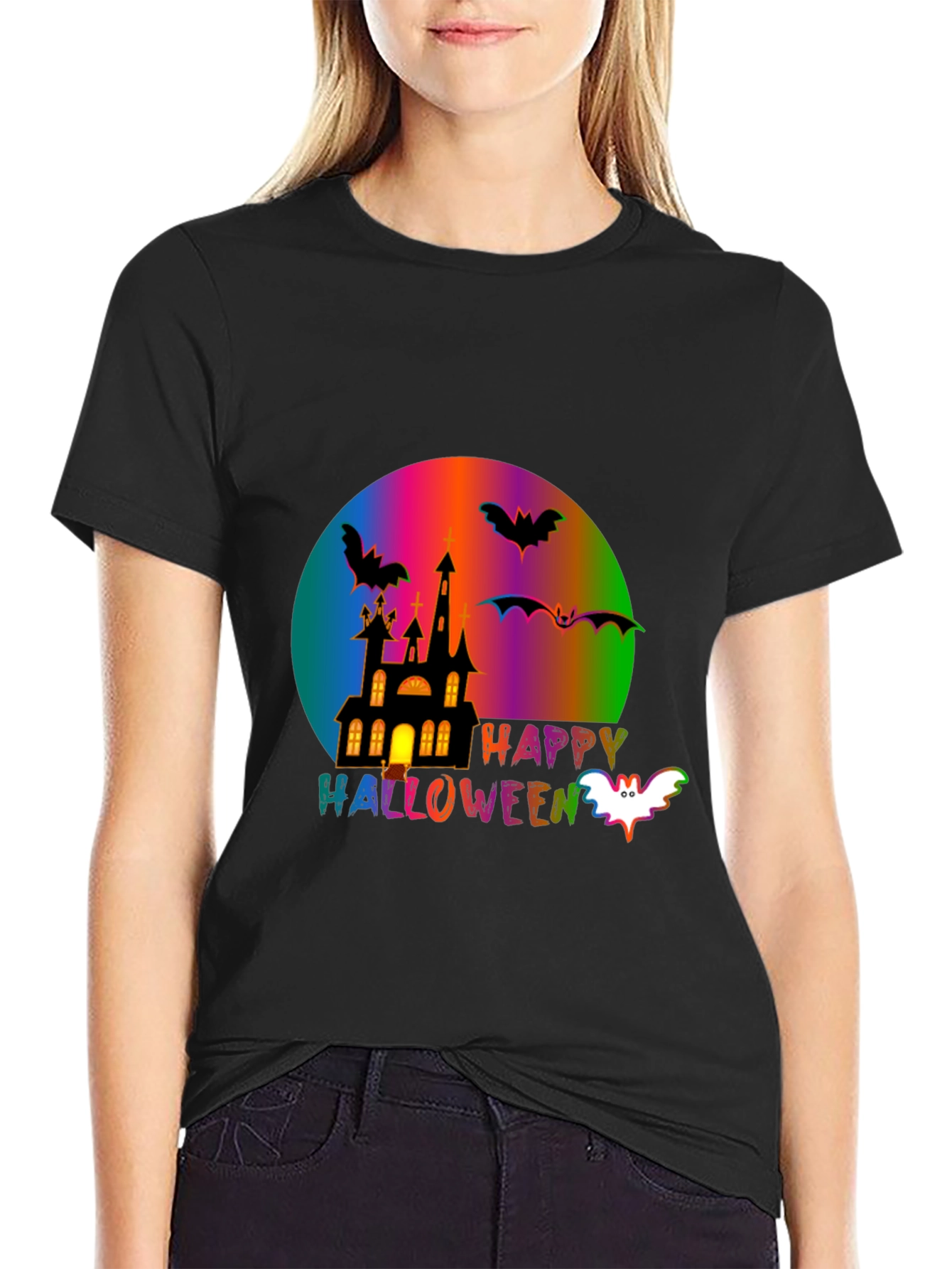 Happy Halloween T-Shirt with Spooky Castle and Bats