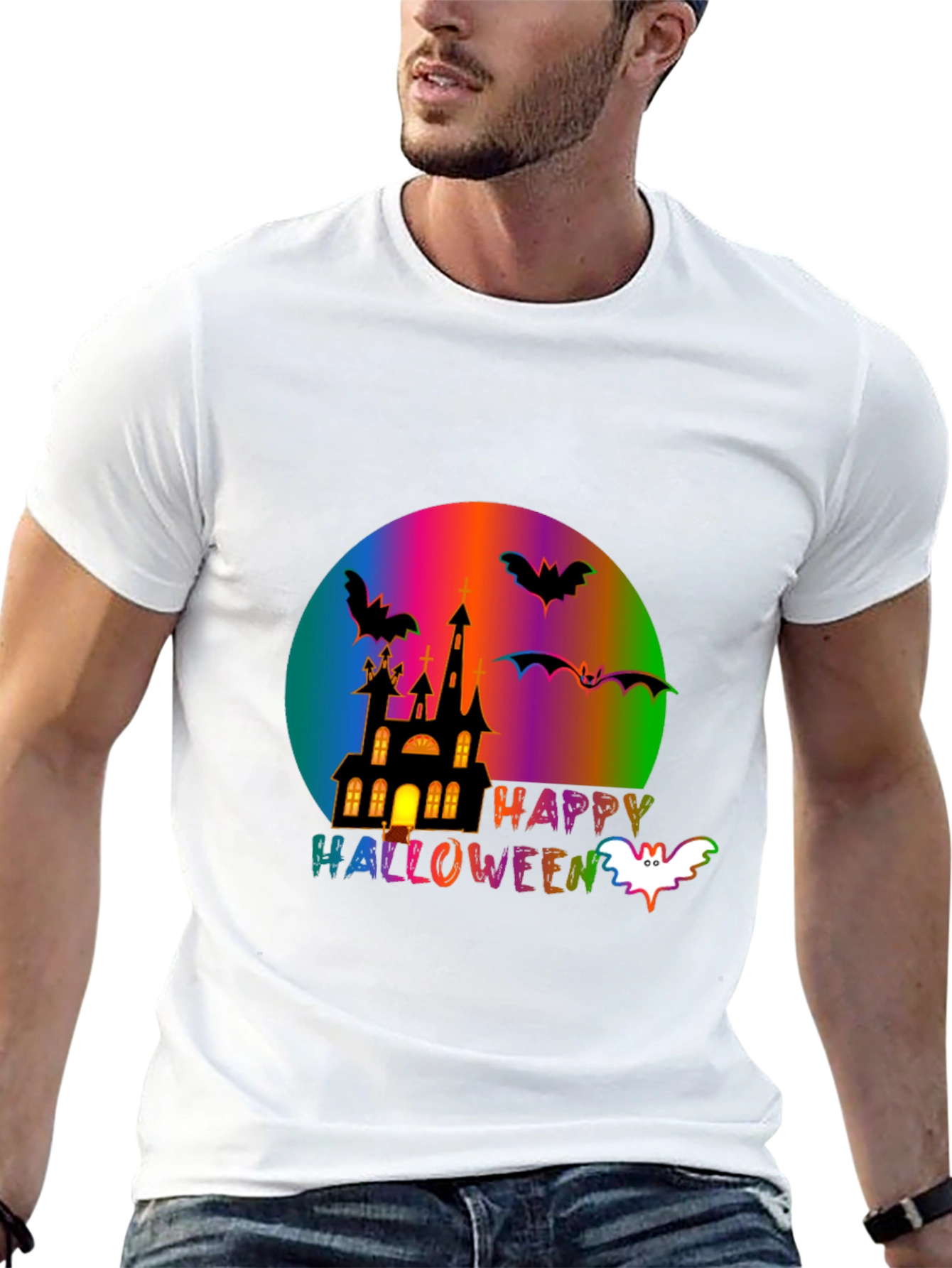 Happy Halloween T-Shirt with Spooky Castle and Bats