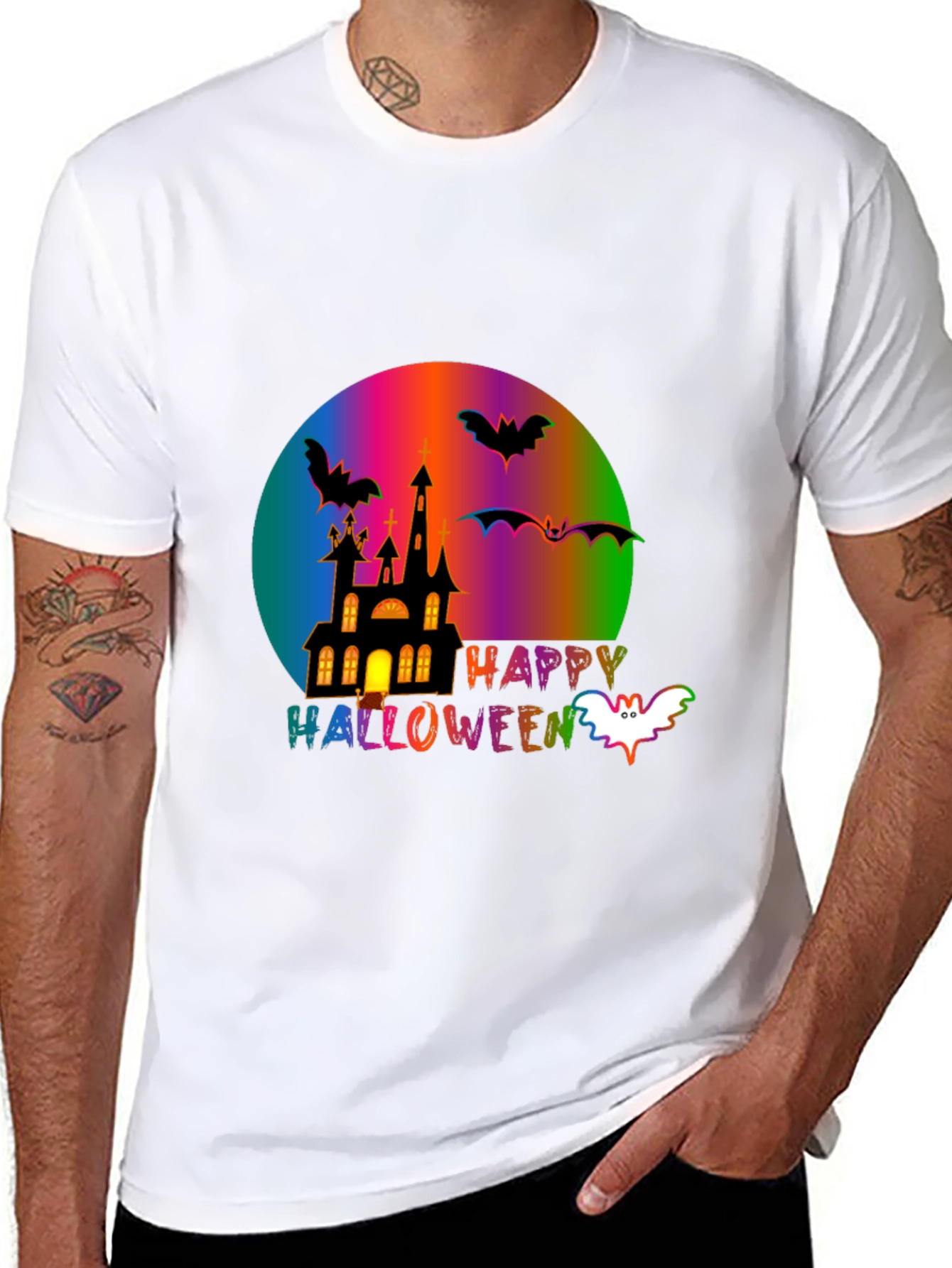 Happy Halloween T-Shirt with Spooky Castle and Bats