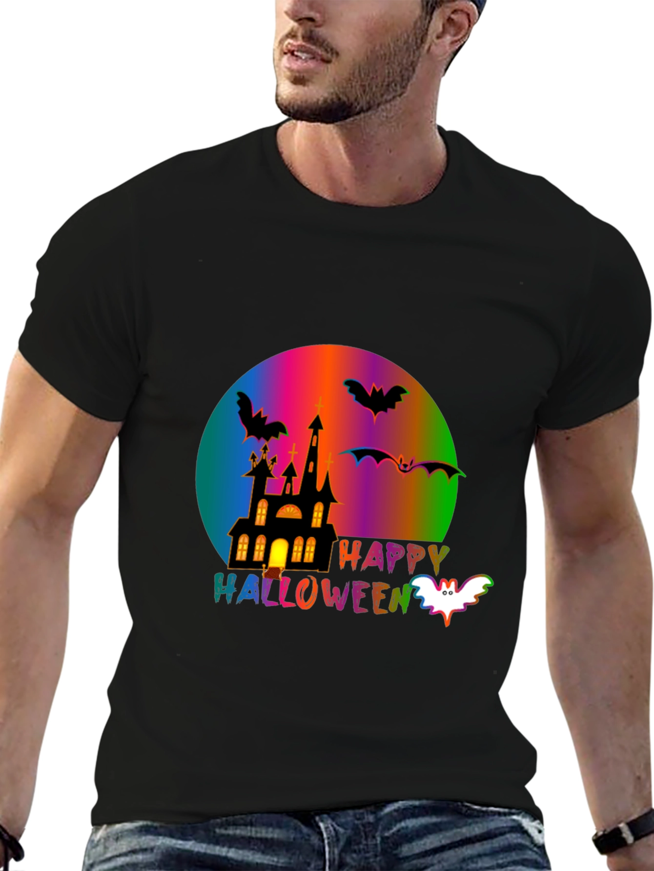 Happy Halloween T-Shirt with Spooky Castle and Bats