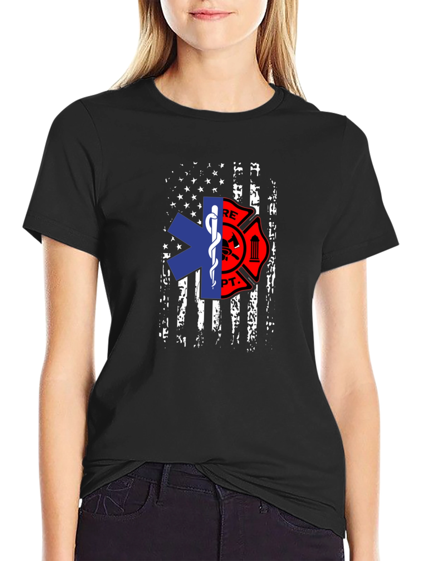 Firefighter EMS American Flag Graphic T-Shirt