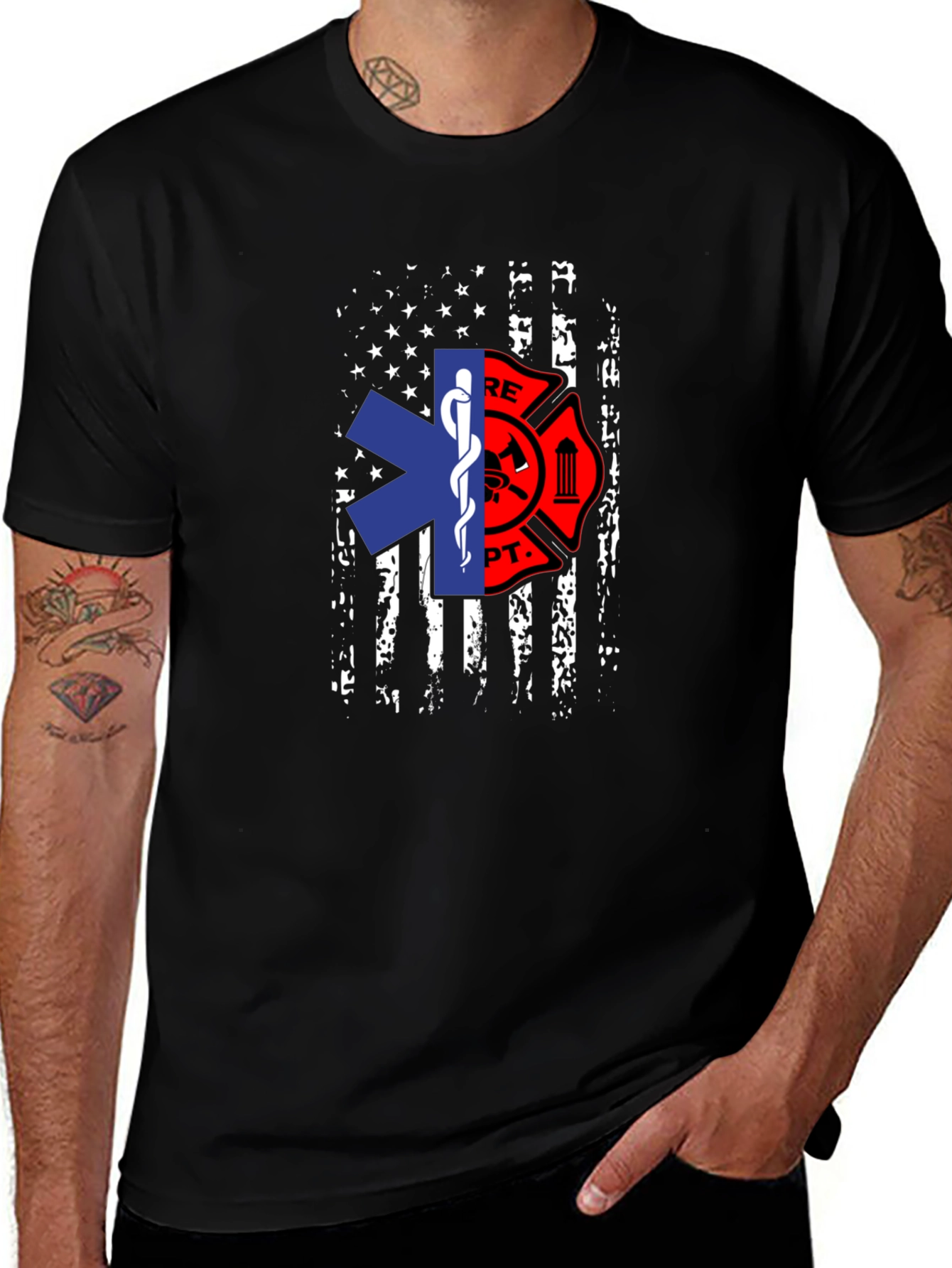 Firefighter EMS American Flag Graphic T-Shirt