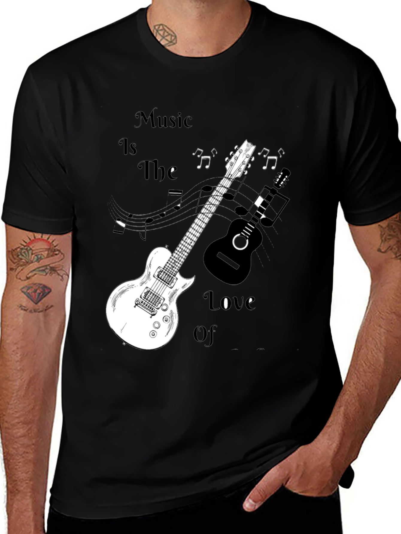Music Lovers Black Graphic Tee with Guitars
