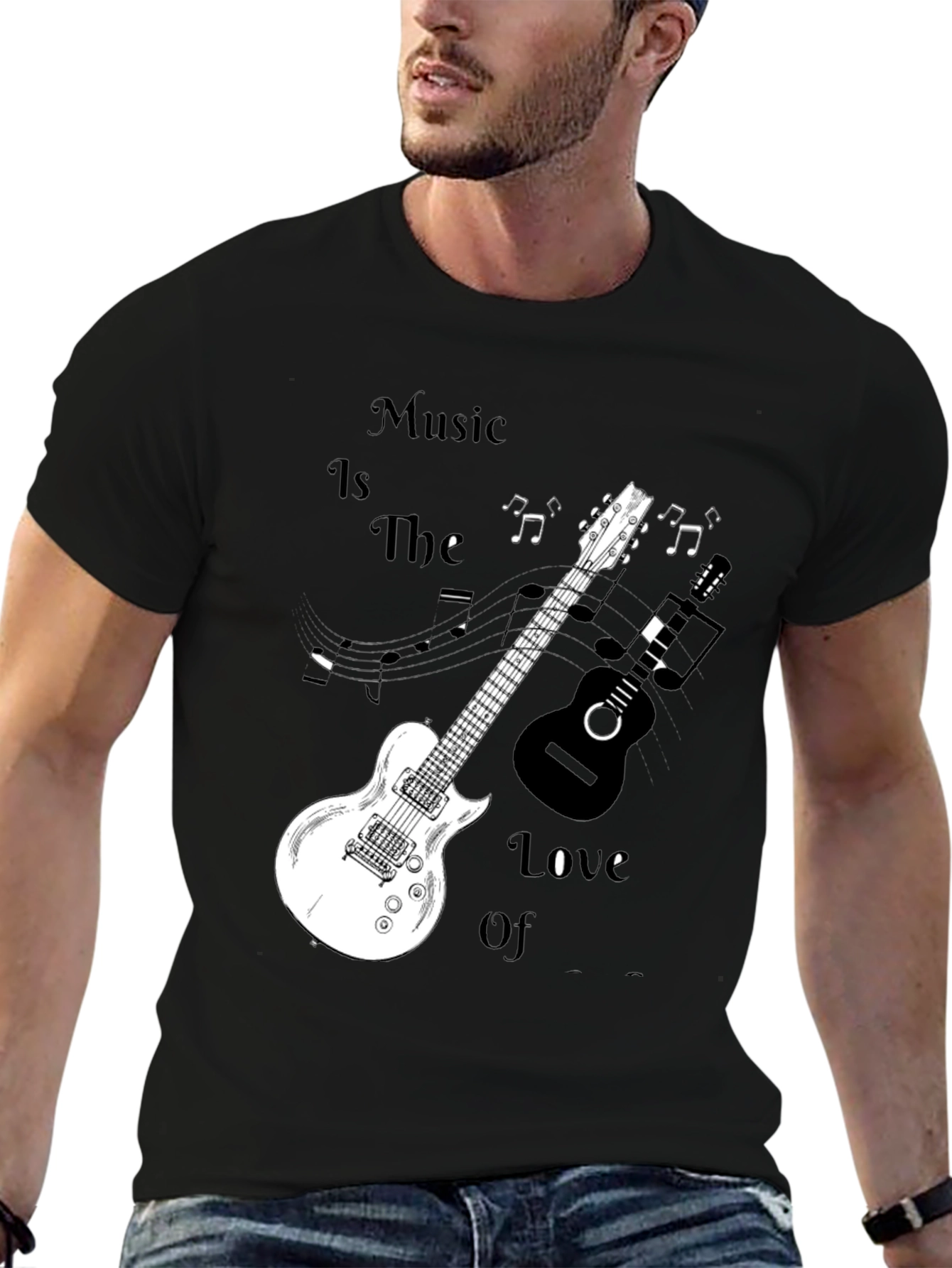 Music Lovers Black Graphic Tee with Guitars