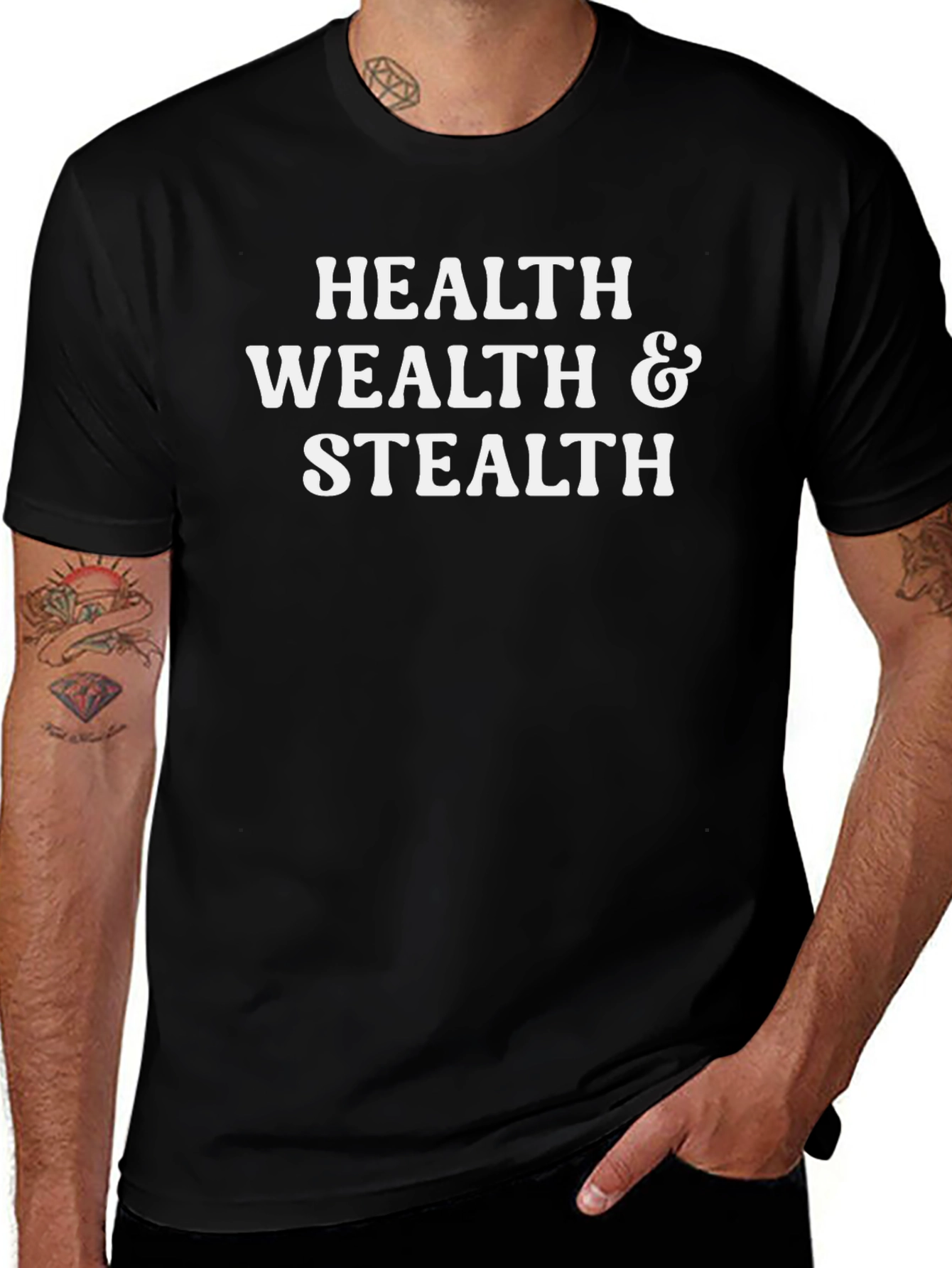 Health Wealth & Stealth T-Shirt - Black Crew Neck