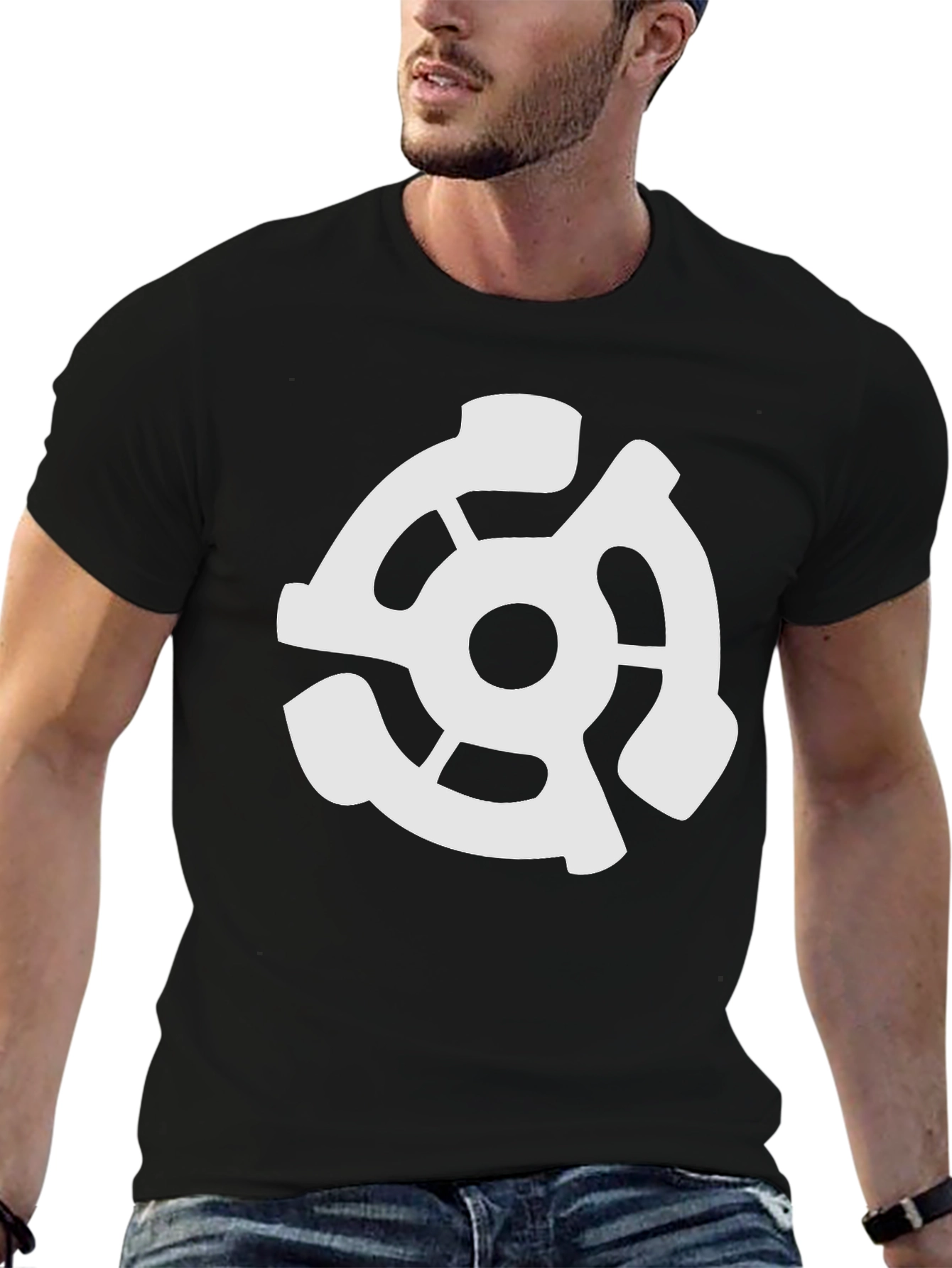 Black T-Shirt with White 45 RPM Adapter Graphic