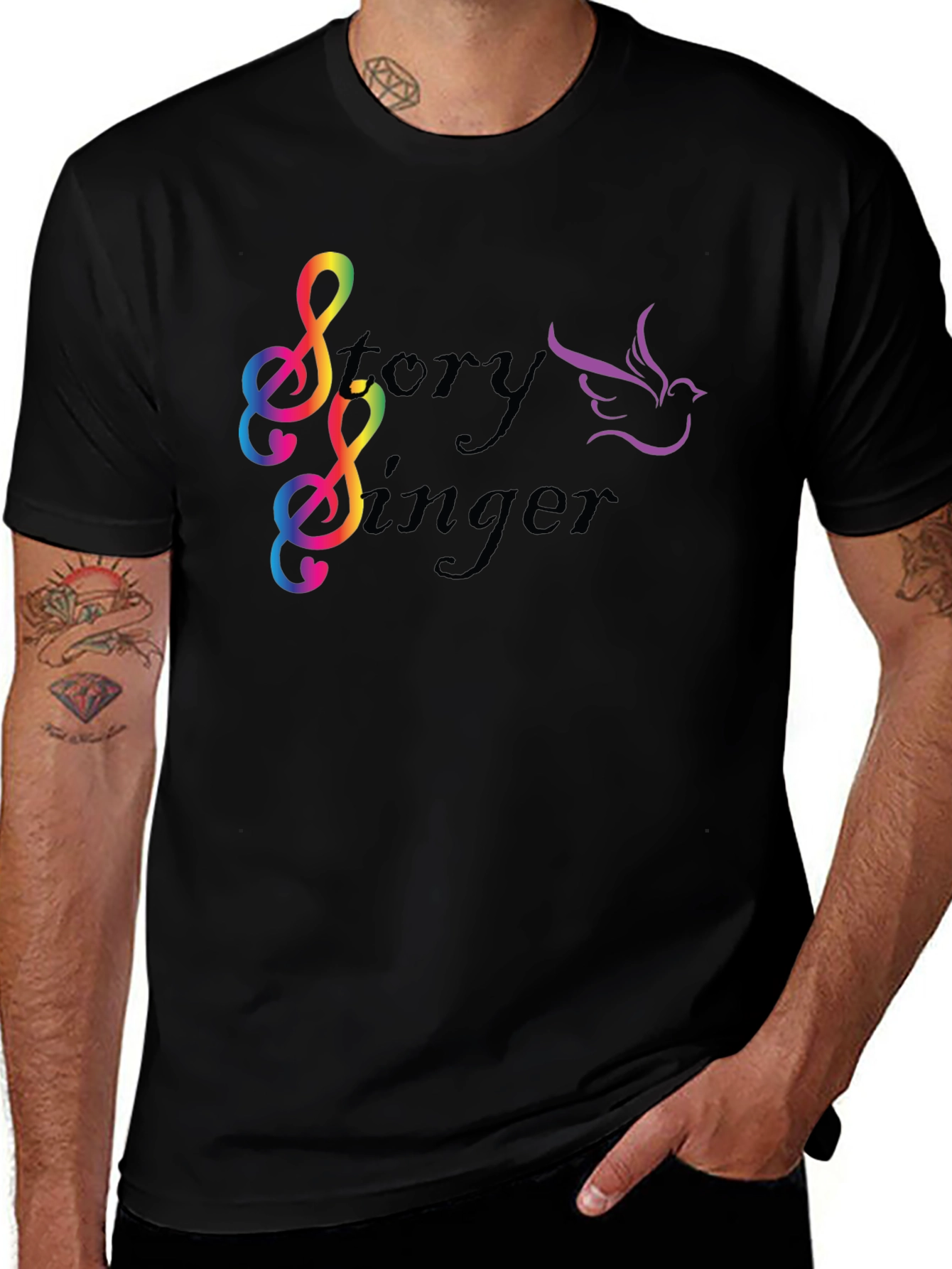 Story Singer Black T-Shirt: Musical Bird Rainbow Notes