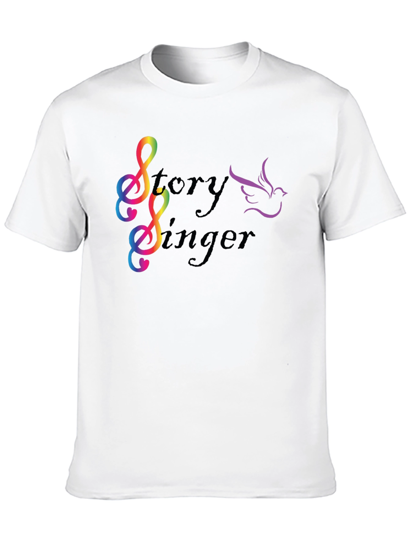Story Singer Black T-Shirt: Musical Bird Rainbow Notes