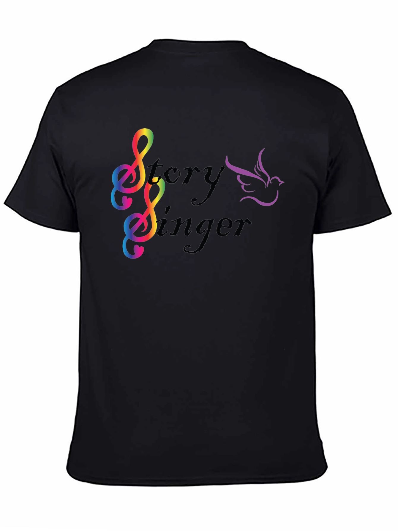 Story Singer Black T-Shirt: Musical Bird Rainbow Notes