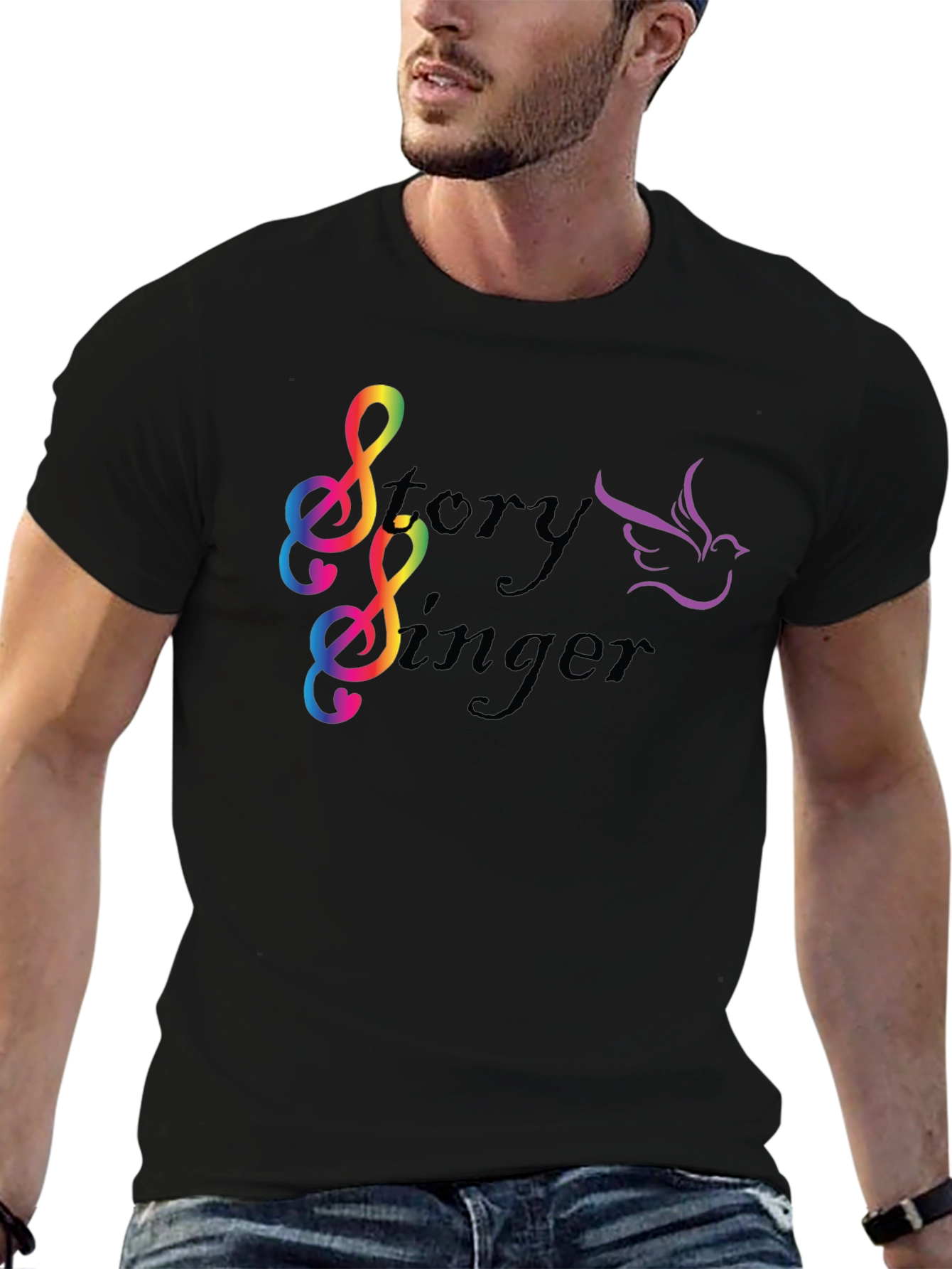 Story Singer Black T-Shirt: Musical Bird Rainbow Notes