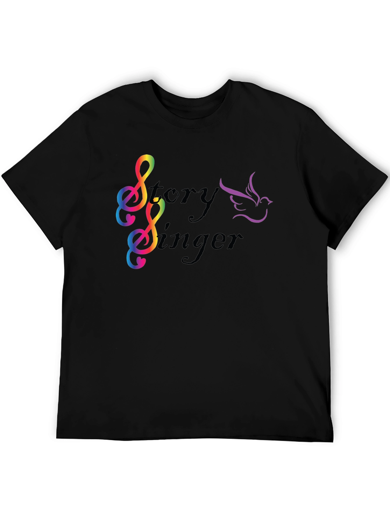 Story Singer Black T-Shirt: Musical Bird Rainbow Notes