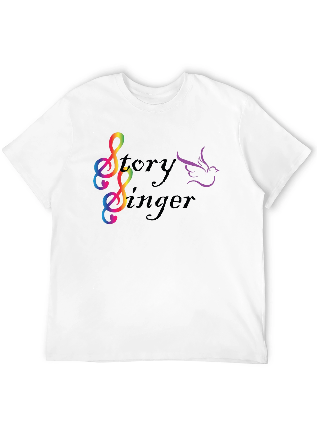 Story Singer Black T-Shirt: Musical Bird Rainbow Notes