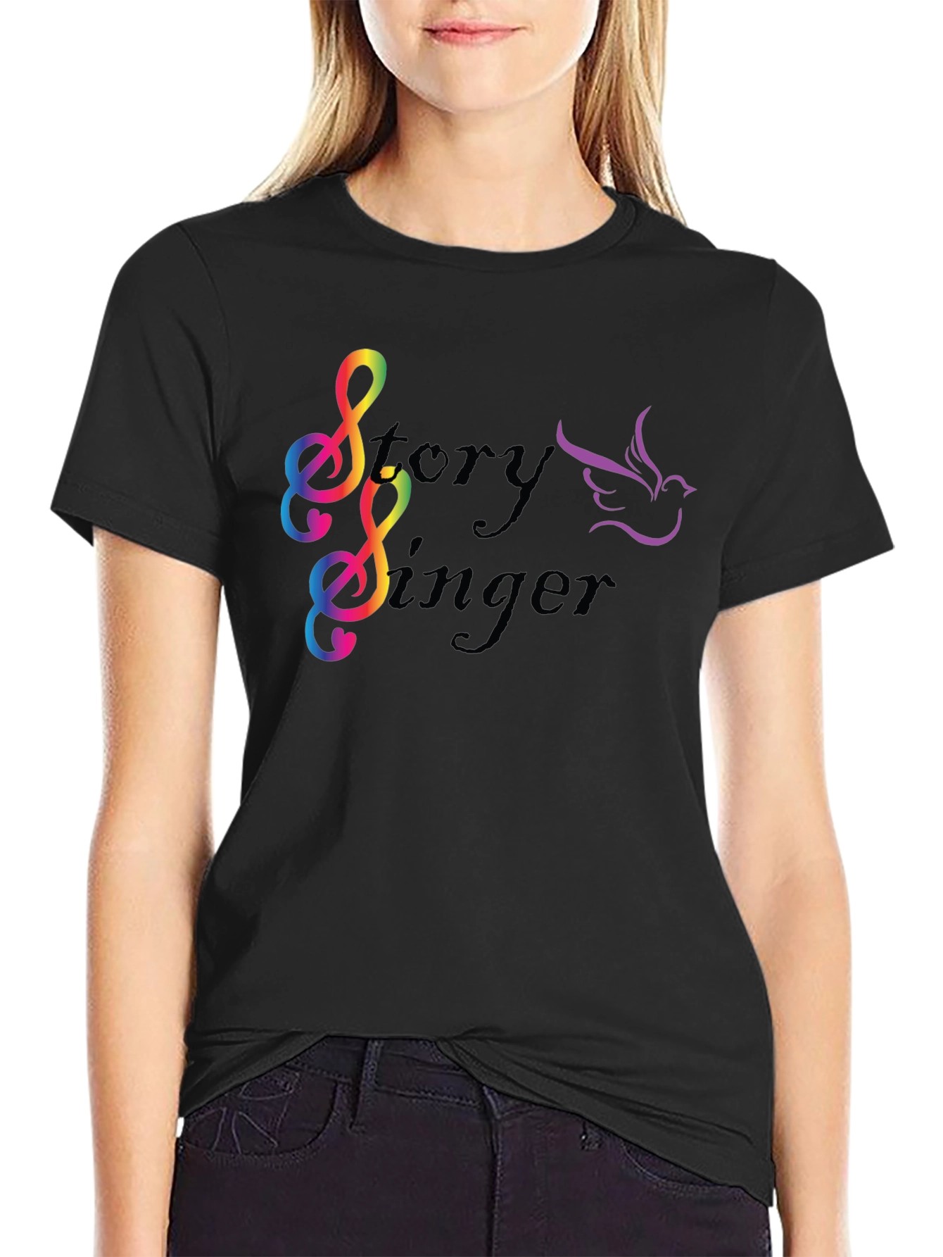 Story Singer Black T-Shirt: Musical Bird Rainbow Notes