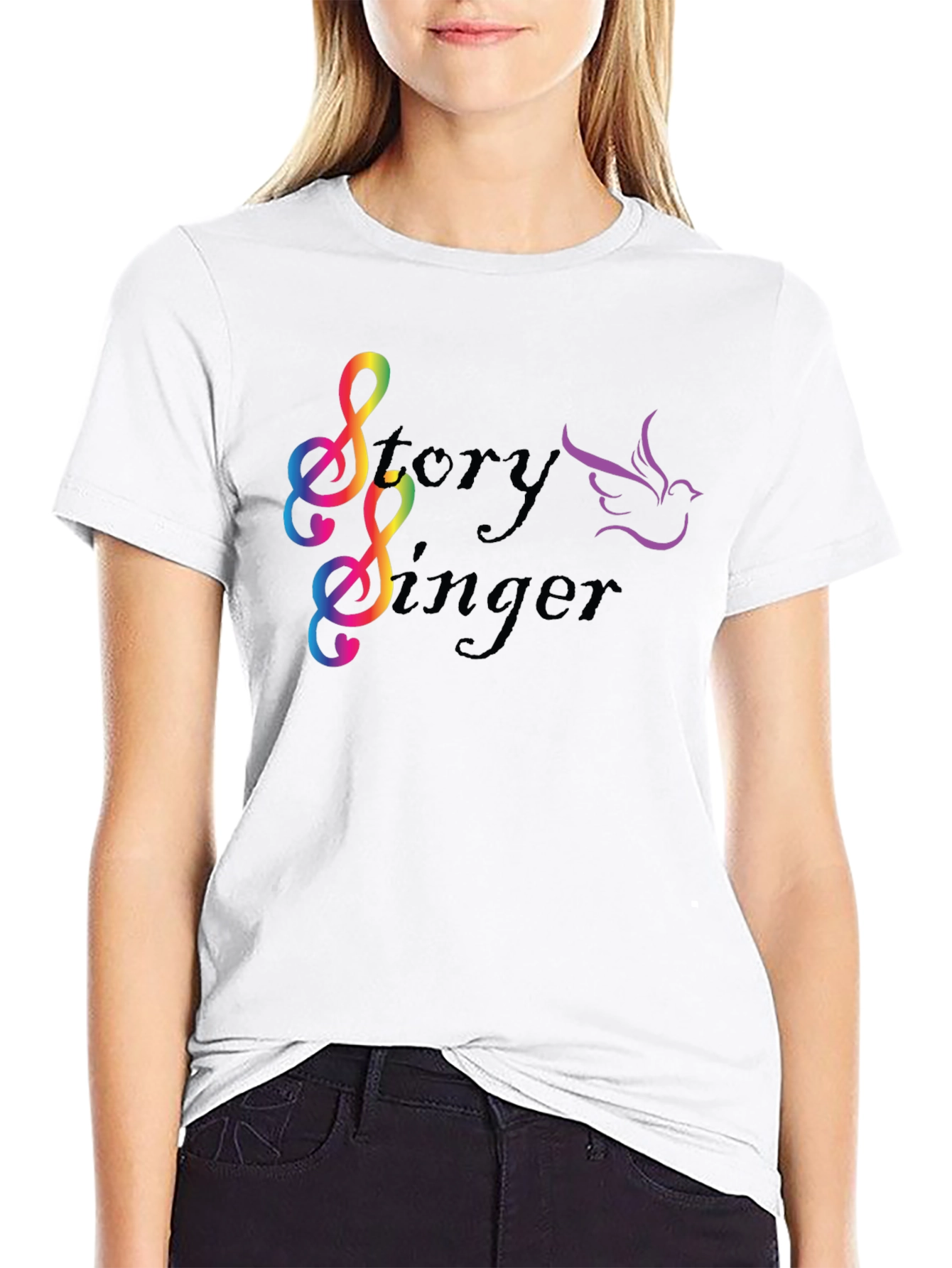 Story Singer Black T-Shirt: Musical Bird Rainbow Notes