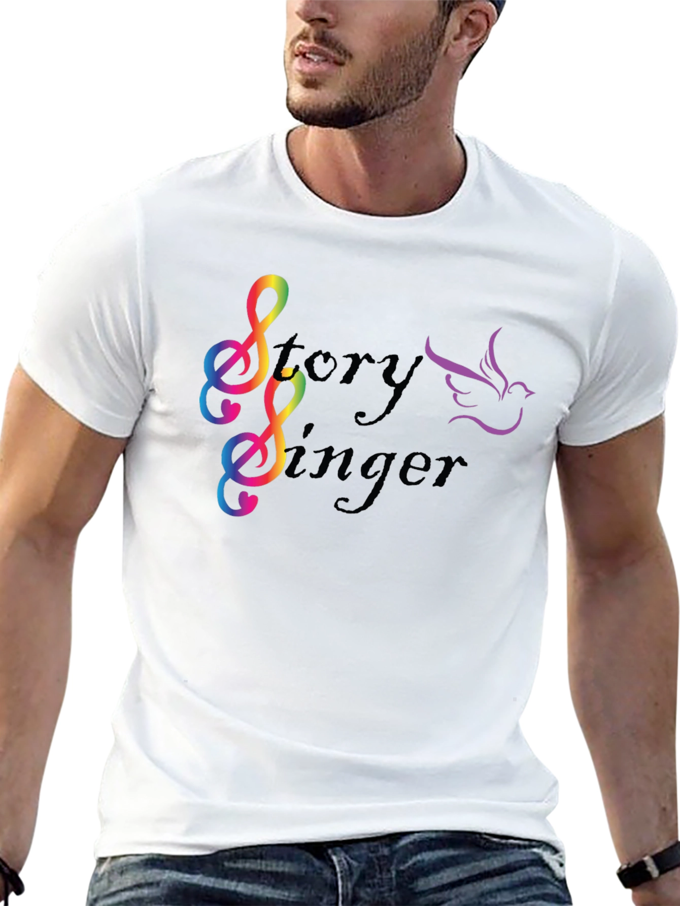 Story Singer Black T-Shirt: Musical Bird Rainbow Notes