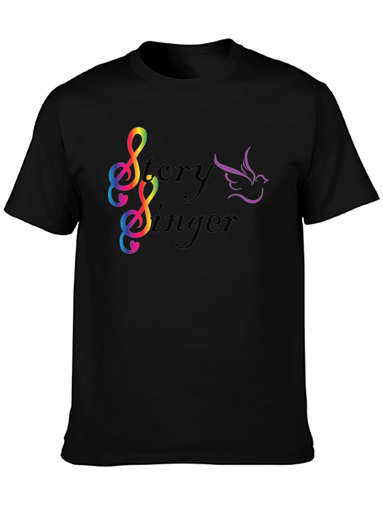 Story Singer Black T-Shirt: Musical Bird Rainbow Notes
