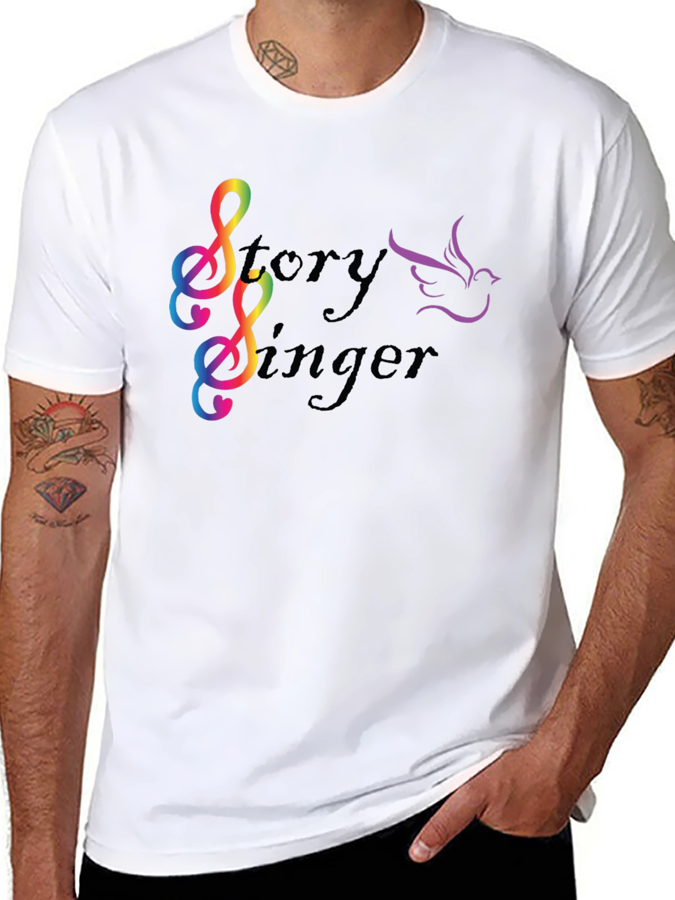 Story Singer Black T-Shirt: Musical Bird Rainbow Notes
