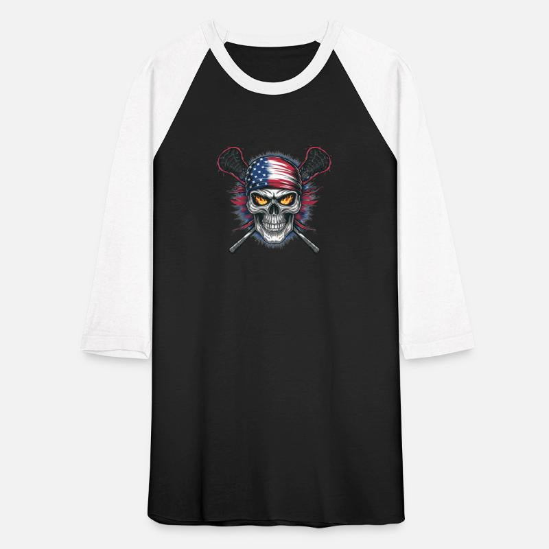 A skull with an American flag and crossed lacrosse
