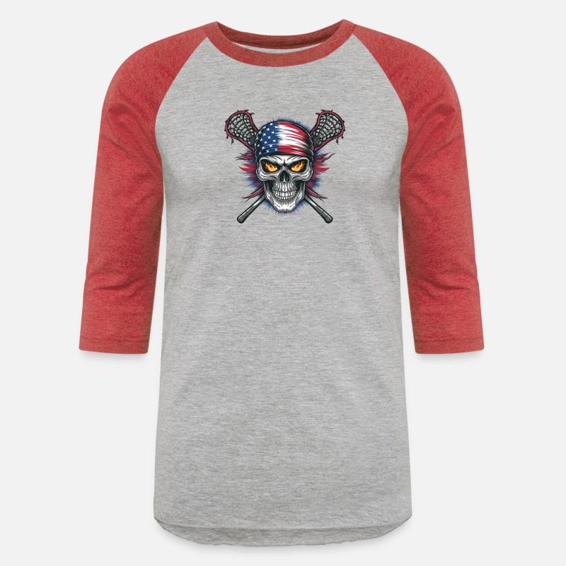 A skull with an American flag and crossed lacrosse