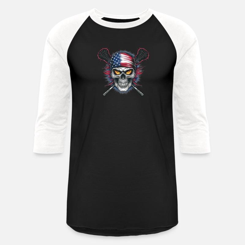 A skull with an American flag and crossed lacrosse