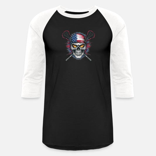 A skull with an American flag and crossed lacrosse