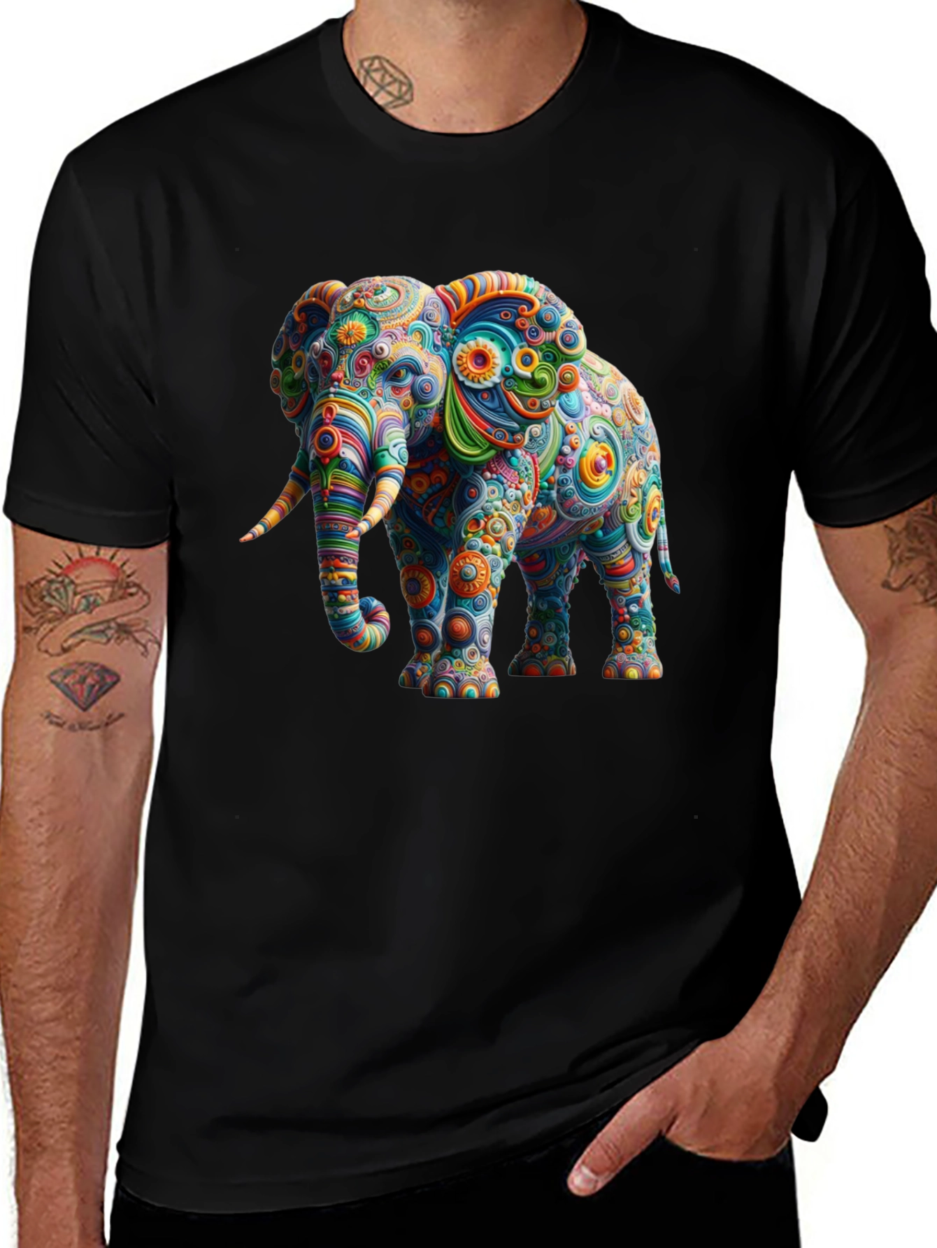 Psychedelic Elephant Graphic Tee - Black