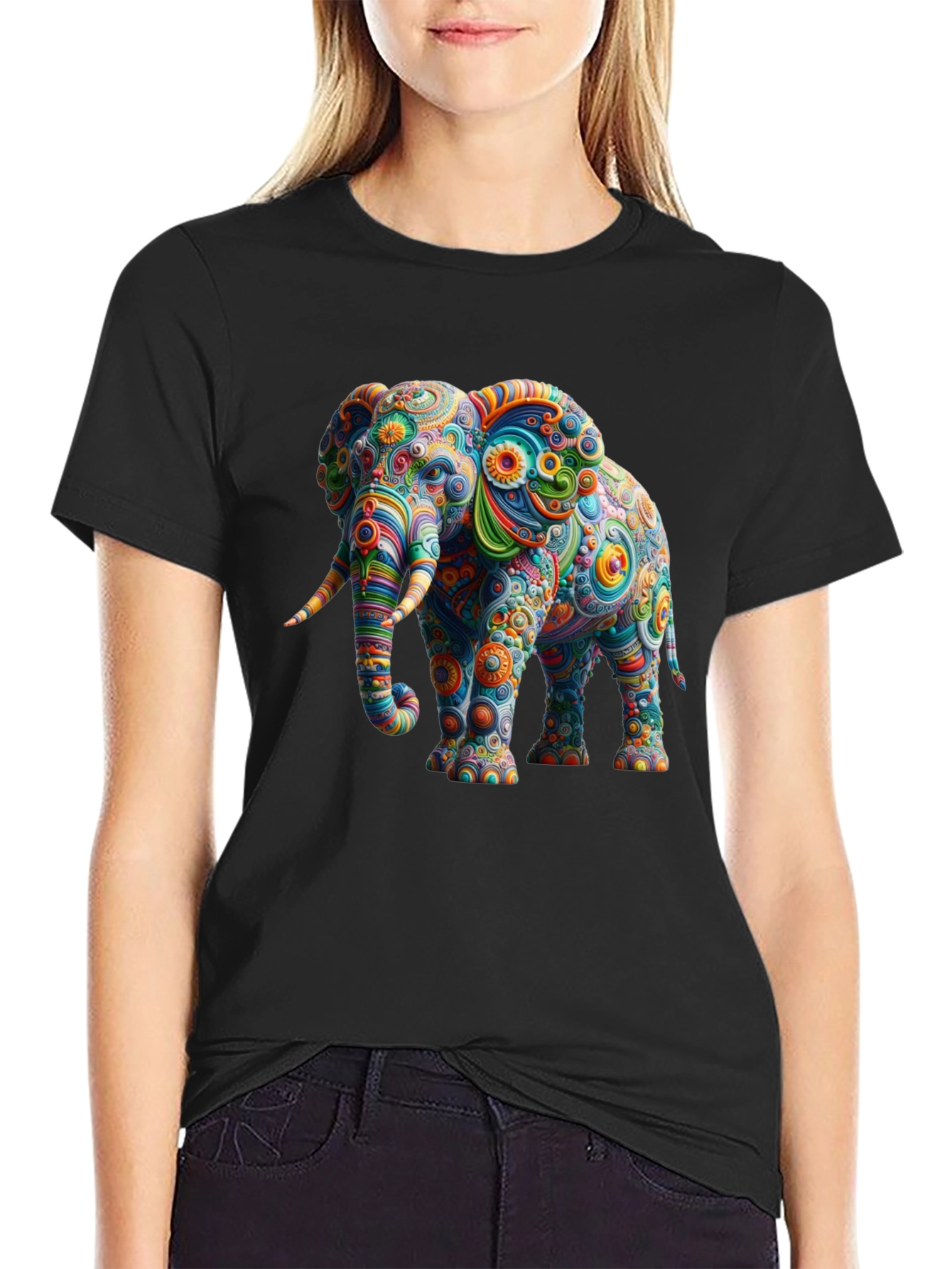 Psychedelic Elephant Graphic Tee - Black