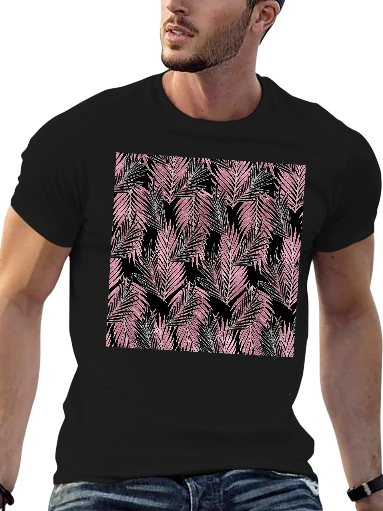 Tropical Pink Leaves Black T-Shirt