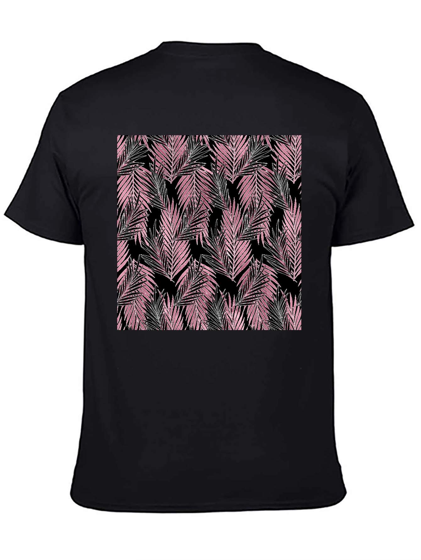 Tropical Pink Leaves Black T-Shirt