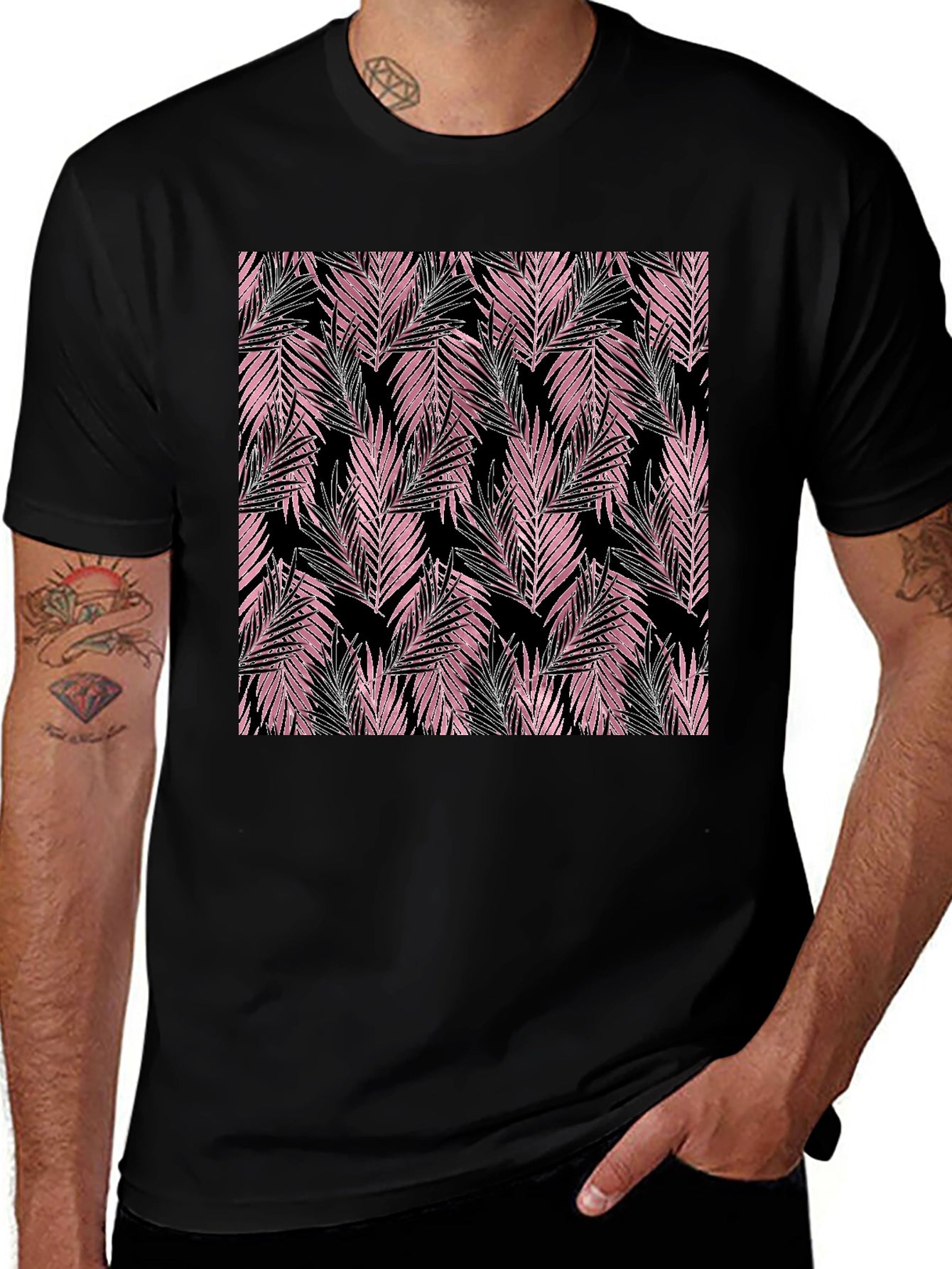 Tropical Pink Leaves Black T-Shirt