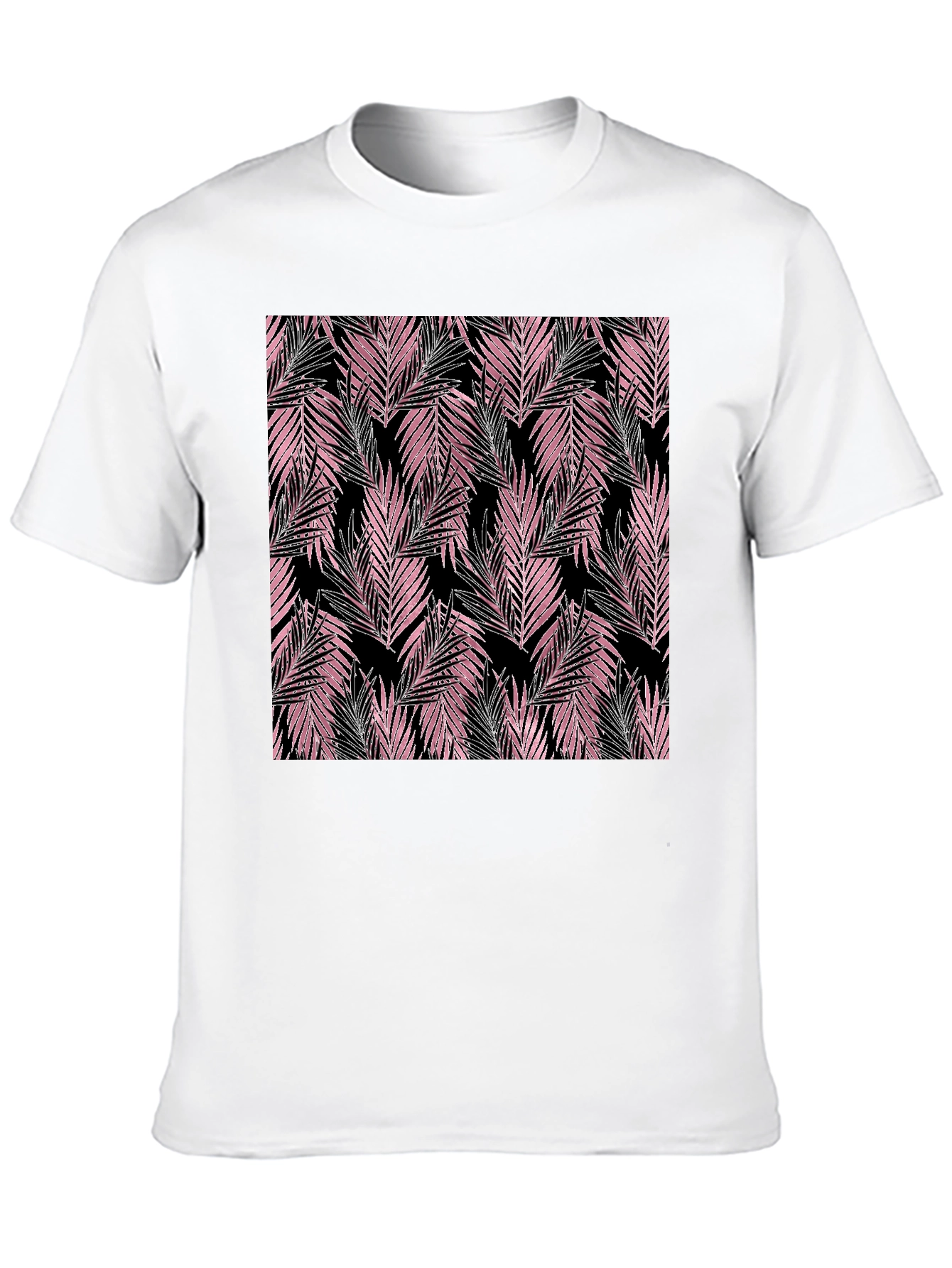 Tropical Pink Leaves Black T-Shirt
