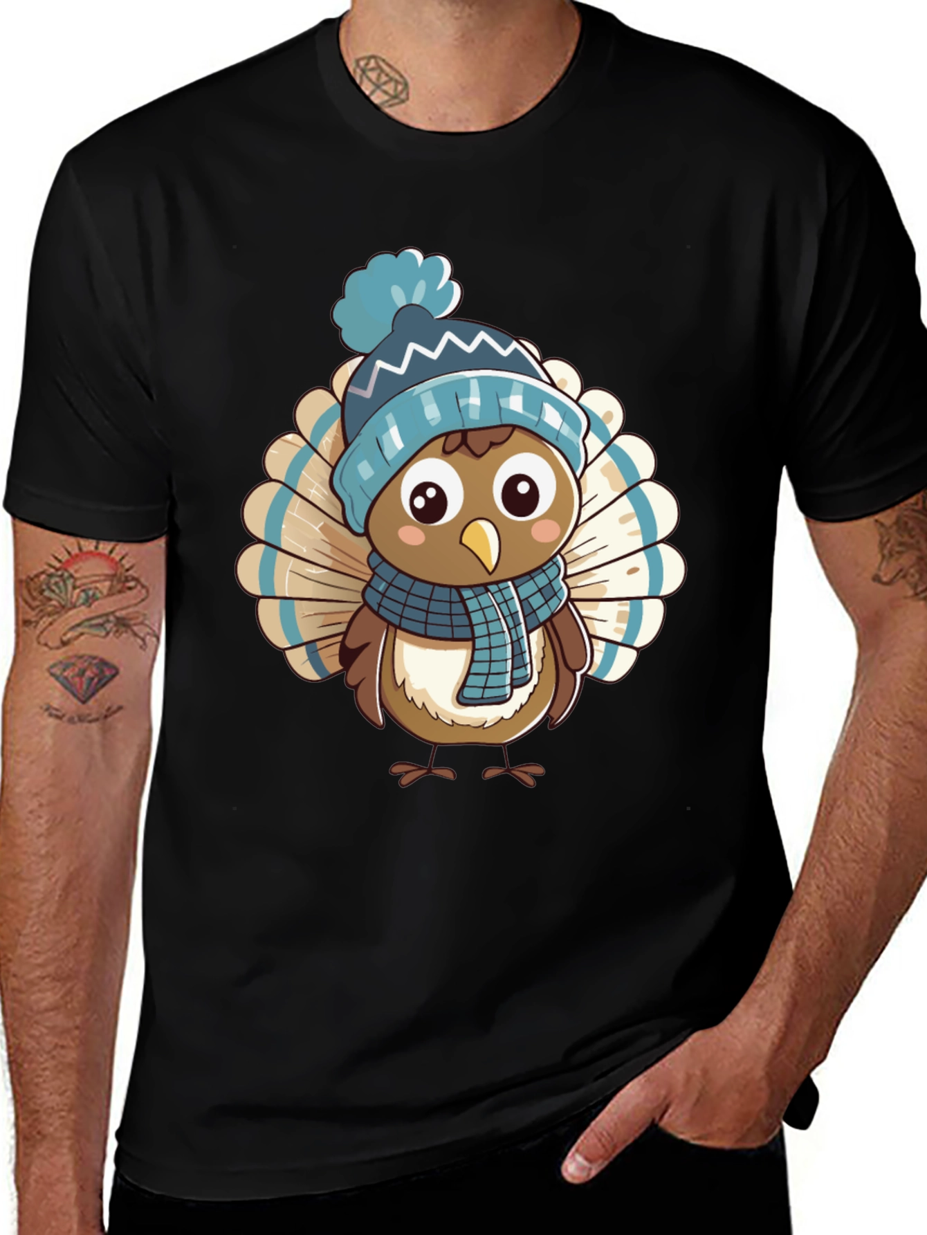 Cartoon Turkey in Winter Hat T-Shirt