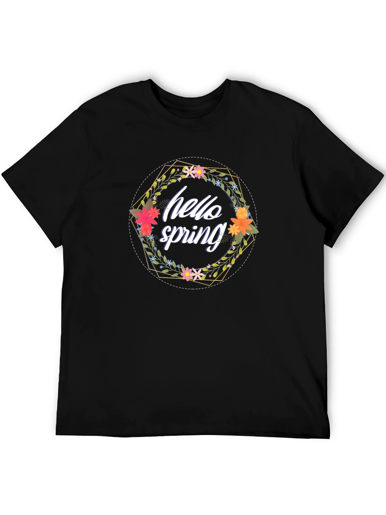 Hello Spring Floral Wreath Black T-Shirt