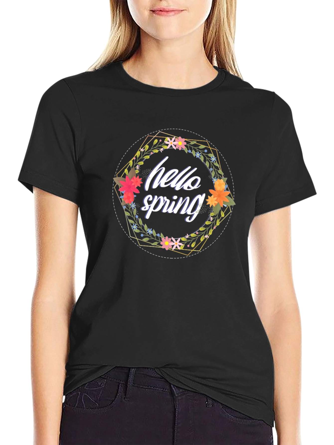 Hello Spring Floral Wreath Black T-Shirt