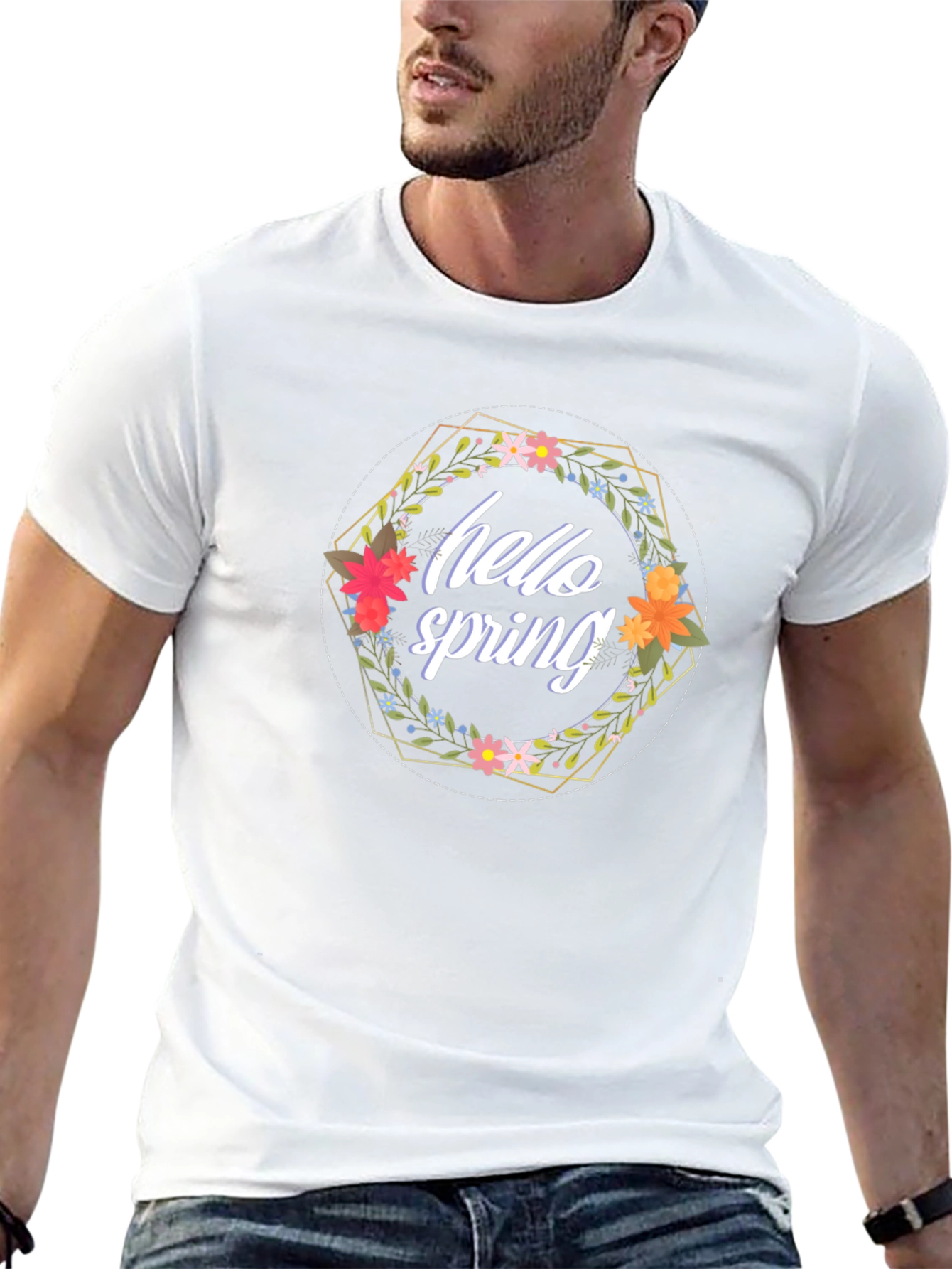 Hello Spring Floral Wreath Black T-Shirt
