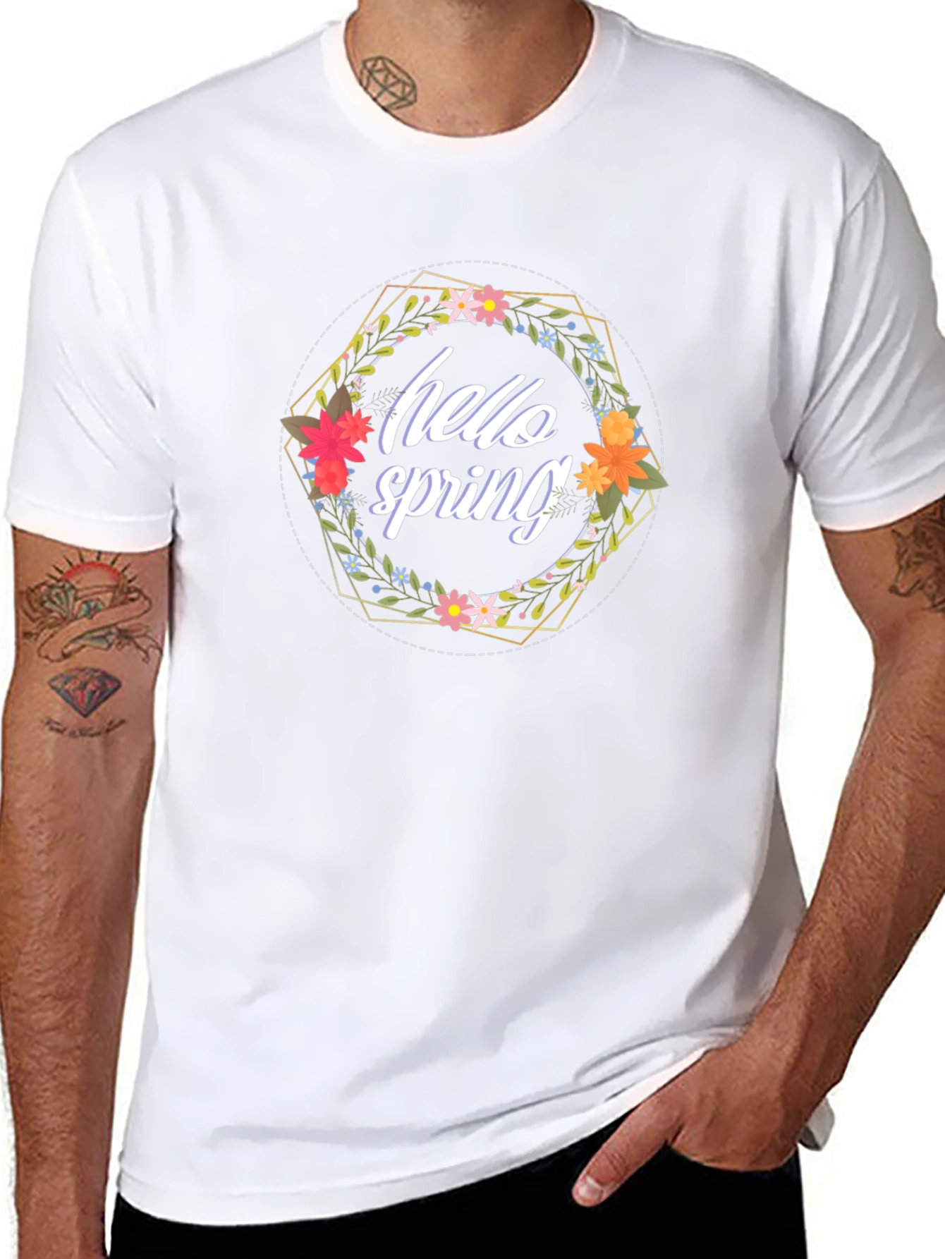 Hello Spring Floral Wreath Black T-Shirt