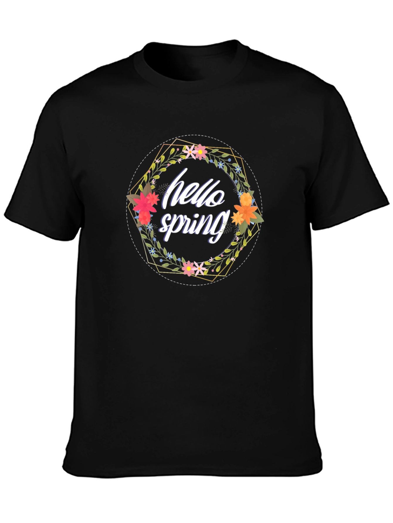 Hello Spring Floral Wreath Black T-Shirt