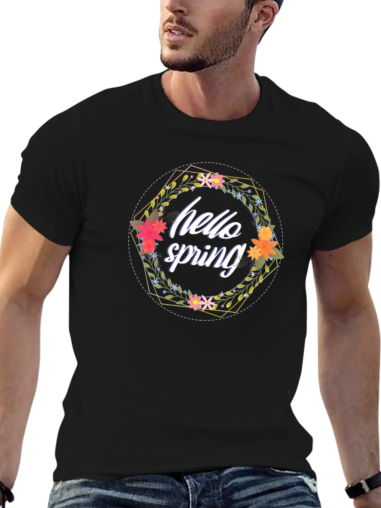Hello Spring Floral Wreath Black T-Shirt